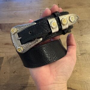 Vintage Black cowhide Leather Belt Silver and Gold Accents western buckle